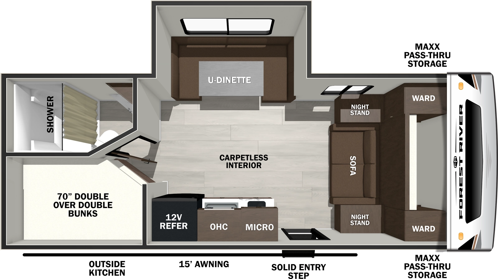 The Wildcat Travel Trailers 181DBEDS floorplan has one entry and one slide out. Exterior features include: fiberglass exterior, 15' awning and outside kitchen. Interiors features include: bunk beds, u-dinette and murphy bed.